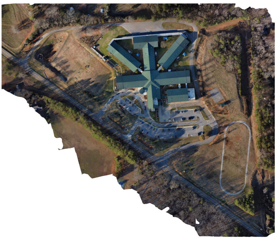 An aerial photo of Burney Harris Lyons Middle School taken from a drone.